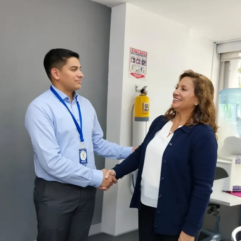 Un asesor de Astv Créditos saluda a una clienta en la oficina de Bogotá